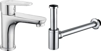 Produktbild von Aihom Chrom Wasserhahn Badarmatur aus Messing Waschtischarmatur Einhandmischer, Edelstahl Bad Abflussgarnitur passgenau Röhrensiphon Ablaufgarnitur