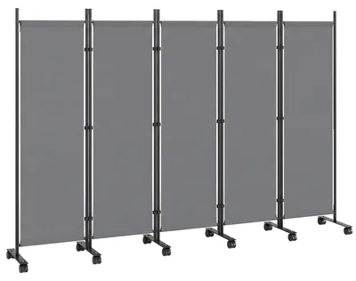 Zdjęcie produktu dla Parawan składający się z 5 elementów, na kółkach | Kolor: ciemnoszary | Wymiary: 40 x 252 x 170 cm