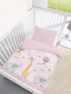 Produktbild von Dobnig Biber Baby Bettwäsche 2 teilig Bettbezug 100 x 135 cm Kopfkissenbezug 40 x 60 cm Giraffe Elefant rose