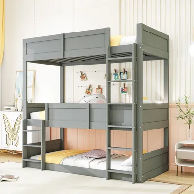 Obrázek produktu pro Merax patrová postel 90x200cm trojlůžko s roštovým rámem, podkrovní postel s ochranou proti vypadnutí, dřevěná postel Odnímatelné trojlůžko pro mládež, šedá barva