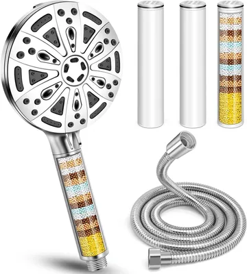Produktbild von Hochdruck-Duschkopf mit 20-Stufen-Filter, 10 Sprühmodi Duschset inkl. 4 Filterkartuschen & 150cm Edelstahl-Schlauch