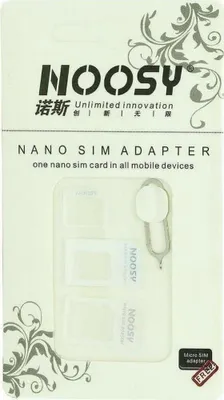 A retail package for a nano SIM card adapter set, showing the packaging and the contents within.