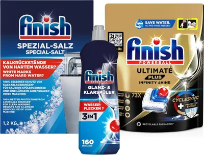 Produktbild von Finish Ultimate Plus Infinity Shine Geschirrspüler-Tabletten, frisch, 73 Spülmaschinen-Tabs, für unschlagbaren, sauberen und diamantfarbenen Glanz + 1x 1,2 Finish Spezial Salz + Finish Glanz & Klarspüler 800ml