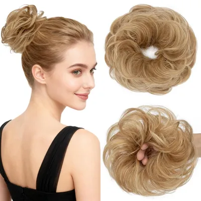 Produktbild von Haarteil mit Gummiband Dutt Haargummi mit Haaren Locken 100% Echthaar Hellbraun/Blond 23g