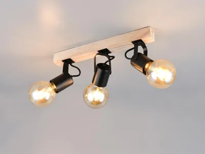 Produktbild von LED Deckenstrahler Metall Schwarz mit Holzbalken Deckenspots schwenkbar, B: 42cm