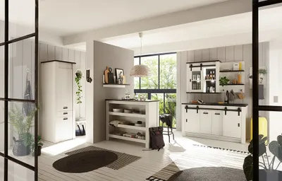 Produktbild von Küchen Set komplett im industriellen Stil SHELTON-61 in Pinie weiß Nb. mit anthrazit
