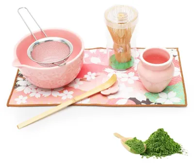 7-teiliges Matcha-Set aus Bambus und Keramik, rosa