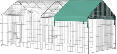 A wireframe drawing of a large outdoor pet enclosure with a green fabric cover over part of the roof.