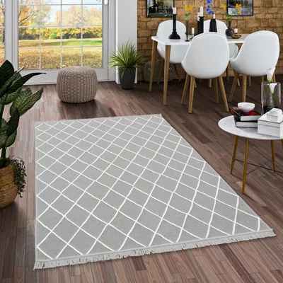 Produktbild von Designer Teppich Beidseitig Ethno Kelim Grau Weiss Rauten, Größe:120x170 cm