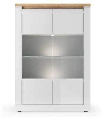 Productafbeelding van Vitrinekast SASHA – 2 glazen deuren +3 planken met ingebouwde LED – Hoogglans wit en Eiken Cadiz