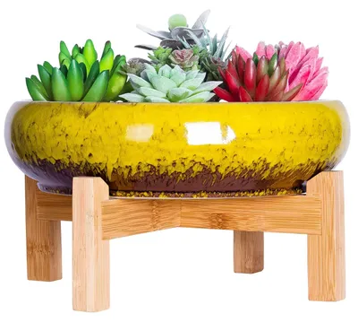 Zdjęcie produktu dla Elzusha - Duży doniczka na bonsai ze stojakiem - Żółty ceramiczny doniczka, 25,4 cm