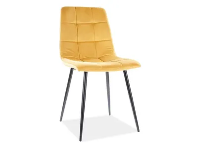 A yellow upholstered dining chair with black legs against a white background.