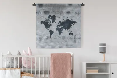 Produktbild von MuchoWow® Wandteppich Wandbehang Weltkarte - Blau - Blumen 90x90 cm Tapisserie Dekoration Wandtuch - Wandaufhänger