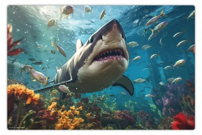 Produktbild von Schreibtischunterlage für Kinder – Hai im Meer – 60 x 40 cm – aus Premium Vinyl  –  Germany