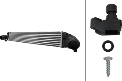 Productafbeelding van Luchtkoeler met geperforeerde koelribben, gelast aluminium, 600 x 111 mm, HELLA, geschikt voor o.a. OPEL ASTRA