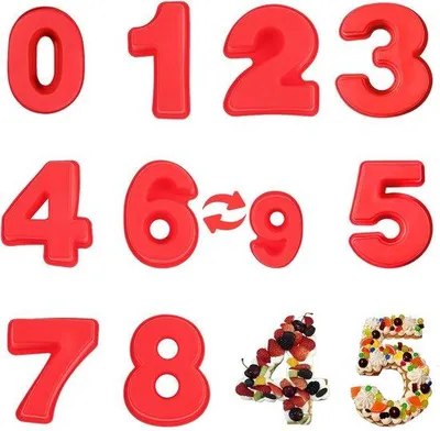 Produktbild von YXHZVON 9 große Silikon-Backformen, 25 cm große Zahlen-Backformen, 3D, antihaftbeschichtet, Zahlen 0-8, für Geburtstage, Hochzeiten, Partydekoration (rot)