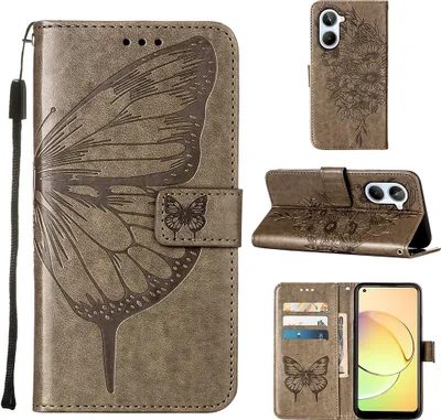 Produktbild von Lederhülle für Realme 10 4G Schmetterling Prägung Flip Ledertasche Kartenfächer Handyhülle mit Ständer Grau
