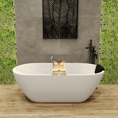 Produktbild von Freistehende Badewanne 170x75 Weiß Modern Exclusive Acryl Ablaufgarnitur VIEGA Click-Clack Gratis + Schwarz Kopfstütze | BADLAND ASGER