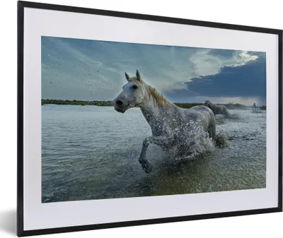 Produktbild von MuchoWow® Gerahmtes Poster Pferd - Weiß - Wasser 60x40 cm - Poster mit Schwarzem Bilderrahmen Wandposter Rahmen Foto Bilder - Schlafzimmer - Plakat in Rahmen - Drucken