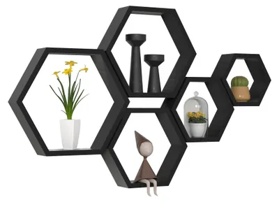 Image de Ensemble de 5 étagères hexagonales murales, étagères flottantes en bois