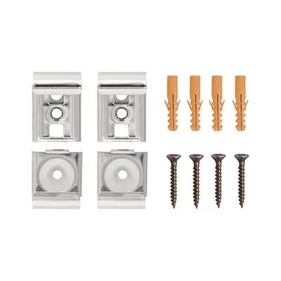 A set of four mirror clips, four wall plugs, and four screws arranged on a white background.