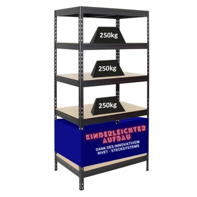Produktbild von Schwerlastregal Rivet | HxBxT 180x90x60 cm | Fachlast 250kg | Innovatives Stecksystem | Schwarz