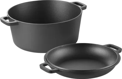 Productafbeelding van Gietijzeren Dutch oven, 2-in-1, voorbehandelde pan met deksel dat ook als koekenpan kan worden gebruikt, 4,7 liter kookpan met rijsmand, accessoires voor het bakken van brood, geschikt voor gebruik in de oven. 260