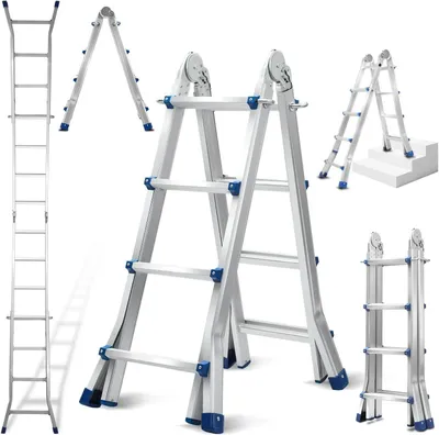 Obrázek produktu pro Hliníková teleskopická žebřík - Multifunkční žebřík - Pracovní výška - Skládací, 4 v 1 - Maximální výška 402 cm - Stříbrná barva