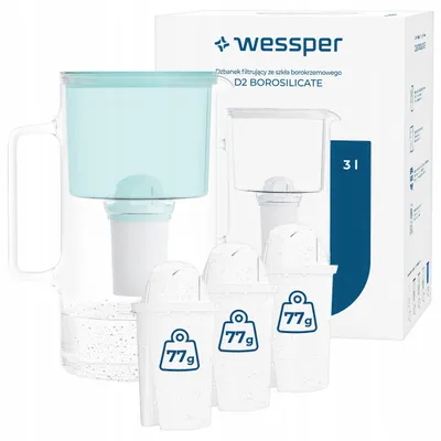 Image de Carafe filtrante Wessper D2 BOROSILICATE 3 L Menthe – Carafe filtrante en verre avec 4 filtres AquaClassic, sans BPA
