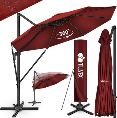 A collage of images showcasing a red patio umbrella, its cover, and a folded umbrella.