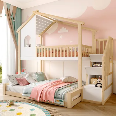 A child's bedroom with a bunk bed designed like a house.