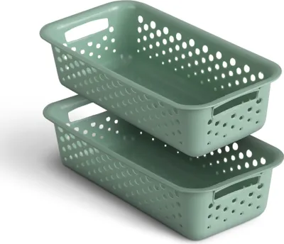 Two green storage baskets stacked on top of each other against a white background.