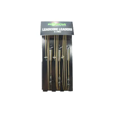 A display of Korda Leadcore leaders on a black stand with branding at the top.
