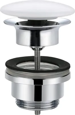 A close-up studio shot of a pop-up drain assembly for a sink.