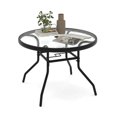 Immagine prodotto di Tavolo da giardino COSTWAY, tavolino da esterno Ø 70 cm con foro per ombrellone e piano in vetro, tavolo rotondo da patio, tavolo da balcone, tavolino da caffè