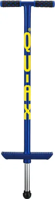 A blue pogo stick with yellow lettering is shown against a white background.
