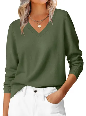 Image de Pull à col en V, manches longues, couleur verte, taille M