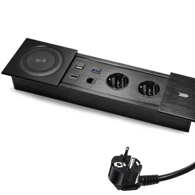 Produktbild von Metalowa listwa wielogniazdowa 2x Schuko, 1x USB 2.0, 1x USB 3.0, 1x HDMI, 1x CAT6, 1x ładowarka indukcyjna, kabel 1,5 m z wtyczką. Gniazdo meblowe, Spacetronik SPSS27B_V2 Czarny