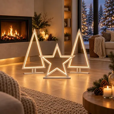 Produktbild von Stern Tannenbaum LED Set aus Holz weiß Weihnachtsdeko Tischlampe Bodenlampe - Sompex Pine Wood groß 2x, Lucy Wood groß 1x