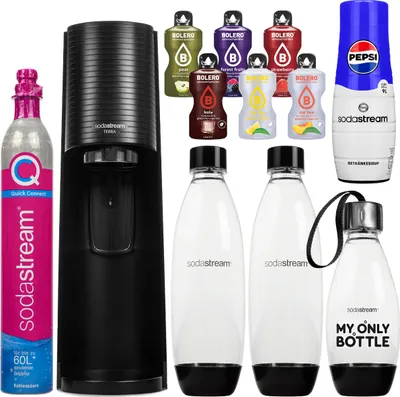 Zdjęcie produktu dla Ekspres do wody gazowanej Sodastream Terra Black Zestaw z 3 butelkami z wkładem syropu