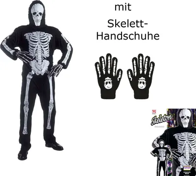 Produktbild von Kinderkostüm Skelett, Anzug und Maske + Knochenhandschuhe - Halloween M - 140 cm