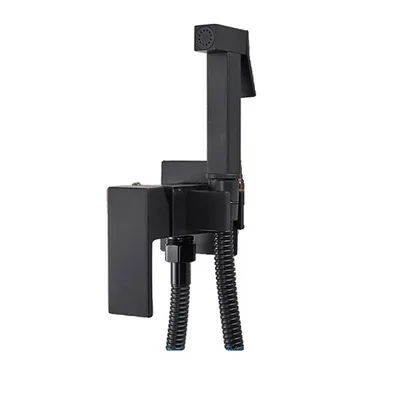 A black bidet sprayer and wall mount shown against a white background.