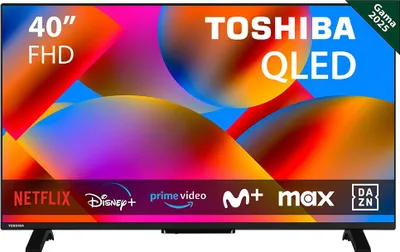 A Toshiba QLED TV displaying a colorful abstract image, with streaming service logos at the bottom.