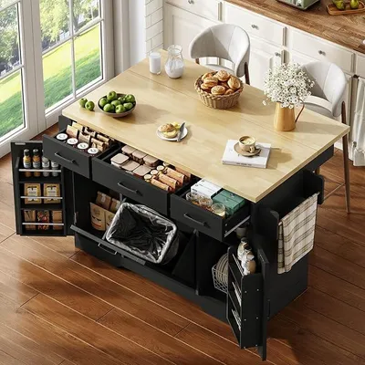 Image de Îlot de cuisine mobile avec plan de travail rabattable, chariot de cuisine, chariot de service, meuble de rangement pour déchets, étagère à épices, tiroir, roulettes verrouillables, 120x45(70) x87 cm, noir