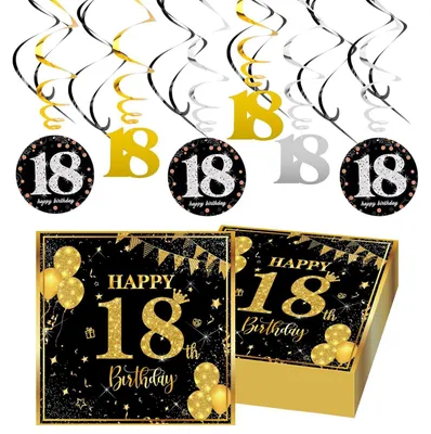 18. Geburtstagsdeko-Set, 20 Servietten + 12 Hängespiralen, Schwarz-Gold