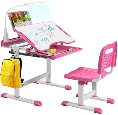 Productafbeelding van Kindertafel en stoel met boekensteun en LED-verlichting, verstelbare kinderwerktafelset met kantelbaar tafelblad en lade, kinderwerktafel voor jongens en meisjes (roze)