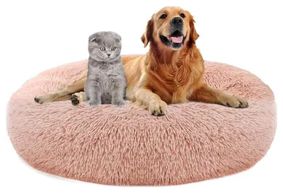 Image de Lit pour chien, en peluche, rond, lavable, antidérapant, diamètre 70 cm, en similicuir rose