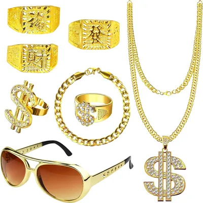 Produktbild von Karnevalskostüm 80er 90er, Hip Hop Outfit, mit goldener Kette und Sonnenbrille, für Themenpartys