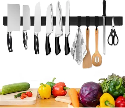 Zdjęcie produktu dla Magnetyczny nóż taśmowy 60 cm ze stali nierdzewnej, czarny, z 3 samoprzylepnymi haczykami