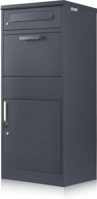 A dark gray parcel mailbox with a lockable lower compartment and a mail slot at the top.
